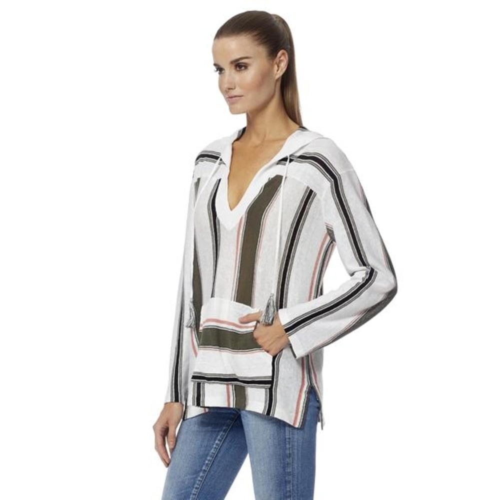 360 Sweater 100% Linen Knit Hoodie Striped Baja Tassel Pullover Italian Yarn L